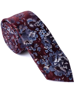 Dark Red Floral Foliage Print Tie