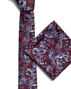 Dark Red Floral Foliage Print Tie